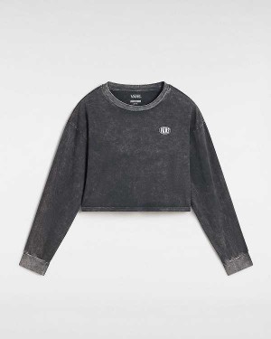 Black Women Vans Oval Wash Relaxed Long Sleeve Crop T Shirts Australia | VN0489723