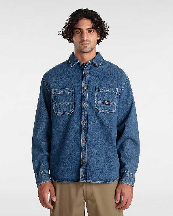 Blue Men Vans Stevens Denim Long Sleeve Shirts Australia | VN9470268