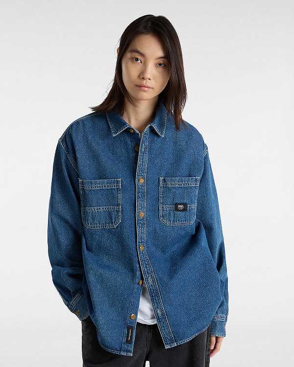 Blue Men Vans Stevens Denim Long Sleeve Shirts Australia | VN9470268