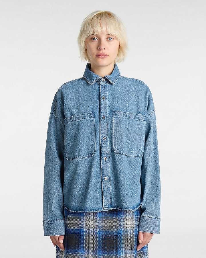 Blue Women Vans Antica Boxy Denim Long Sleeve Shirts Australia | VN5934267