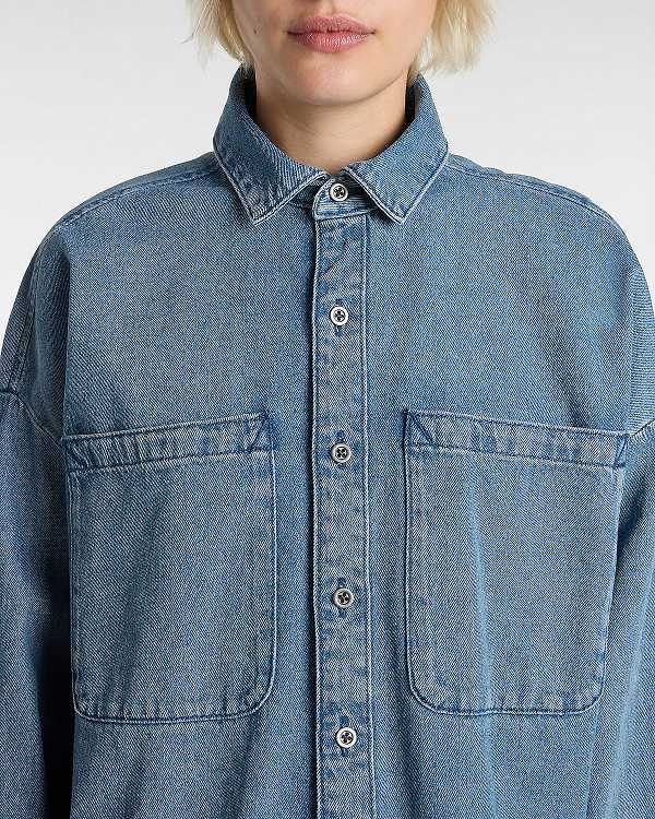 Blue Women Vans Antica Boxy Denim Long Sleeve Shirts Australia | VN5934267